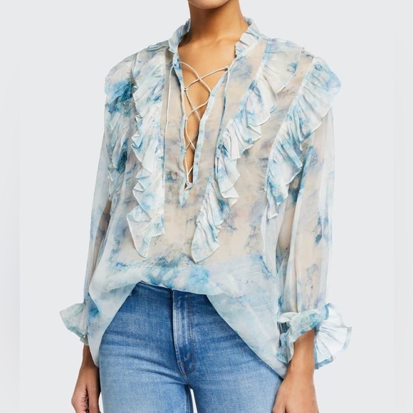 IRO Cruis Light Blue Chiffon Ruffle Blouse Lace-Up Sheer — Size US 2 / FR 34 - Picture 2 of 14